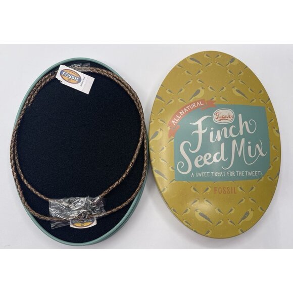 FOSSIL Charm Braided Leather Necklace in Finch Seed Mix Tin - Picture 1 of 6